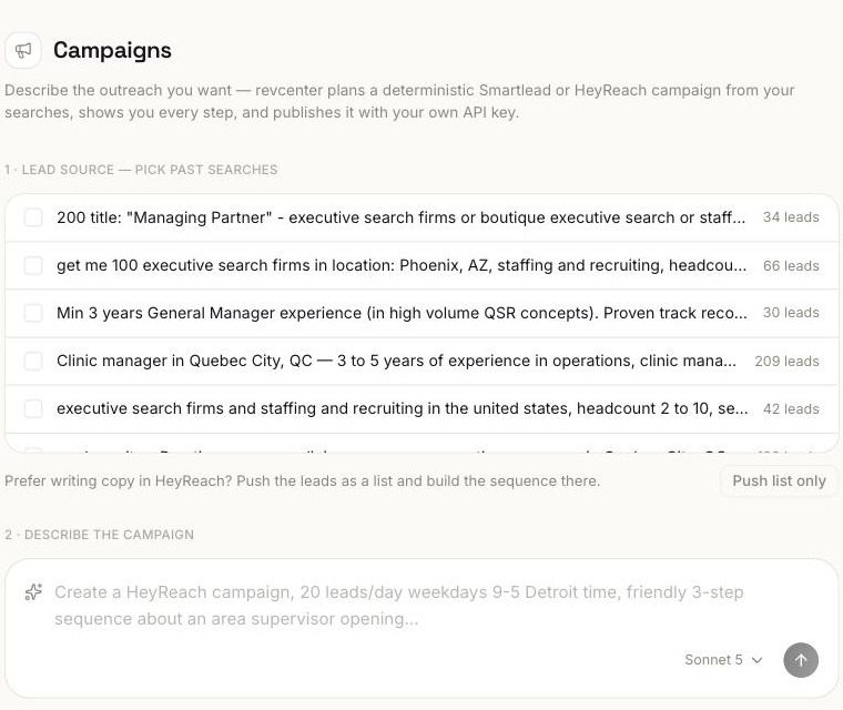 The campaign builder: pick a past search as the lead source, then describe the HeyReach campaign to stage