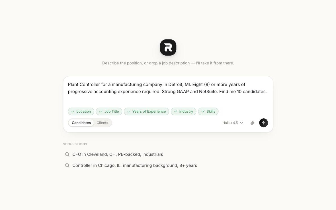 Revcenter's new-search screen with a role typed in plain language and criteria confirmed