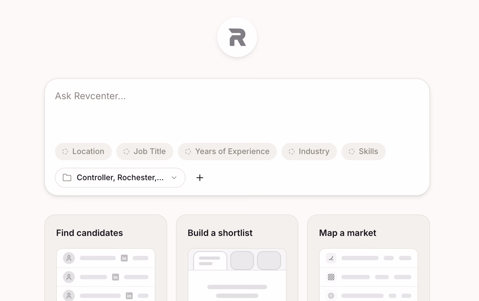 Revcenter Candidate Intelligence home: the Ask Revcenter composer with location, title, experience, industry and skills slots