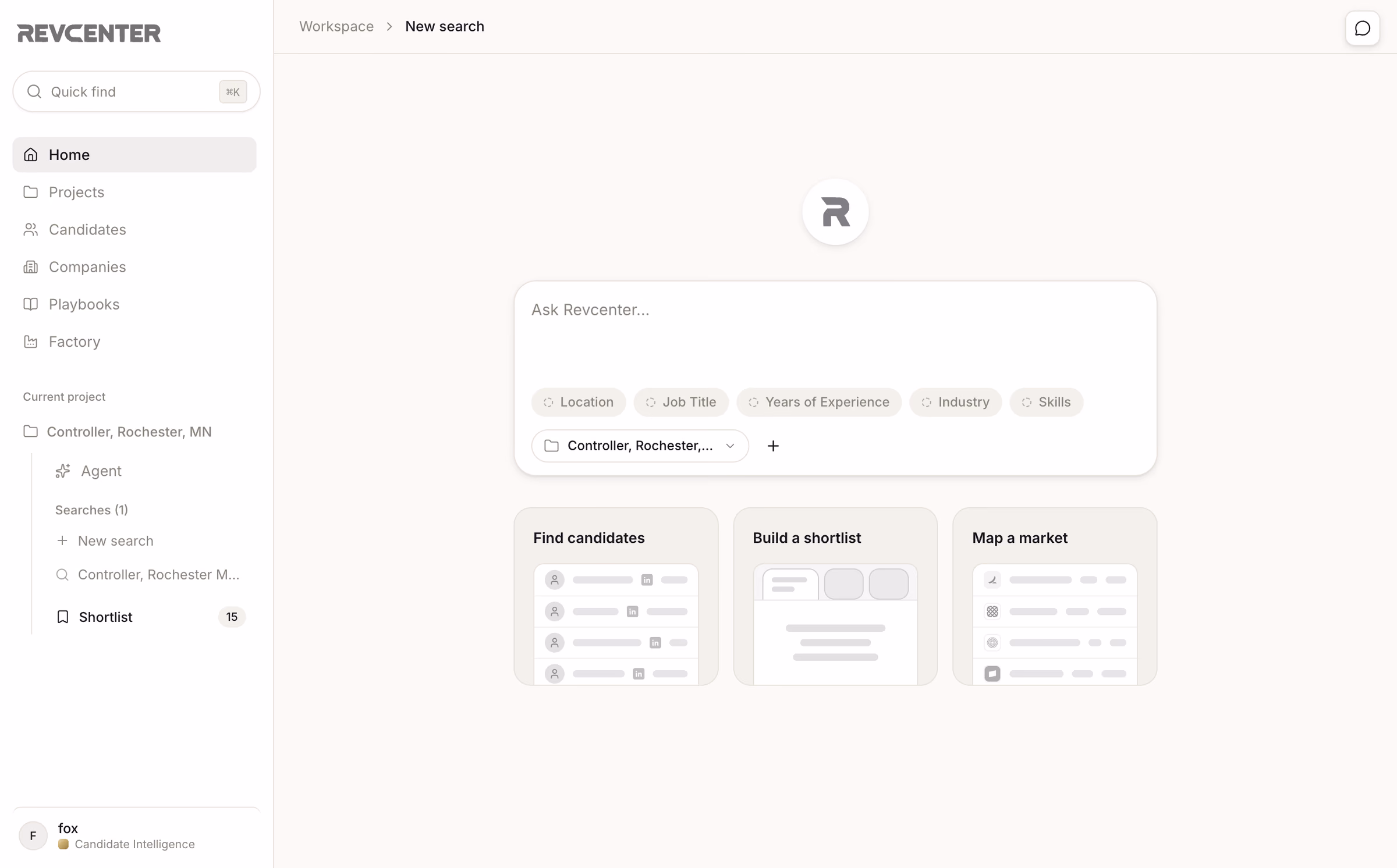 Revcenter Candidate Intelligence home: the Ask Revcenter composer with location, title, experience, industry and skills slots